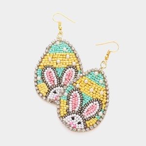Felt Back Pearl Beaded Easter Bunny Accented Egg Dangle Earrings